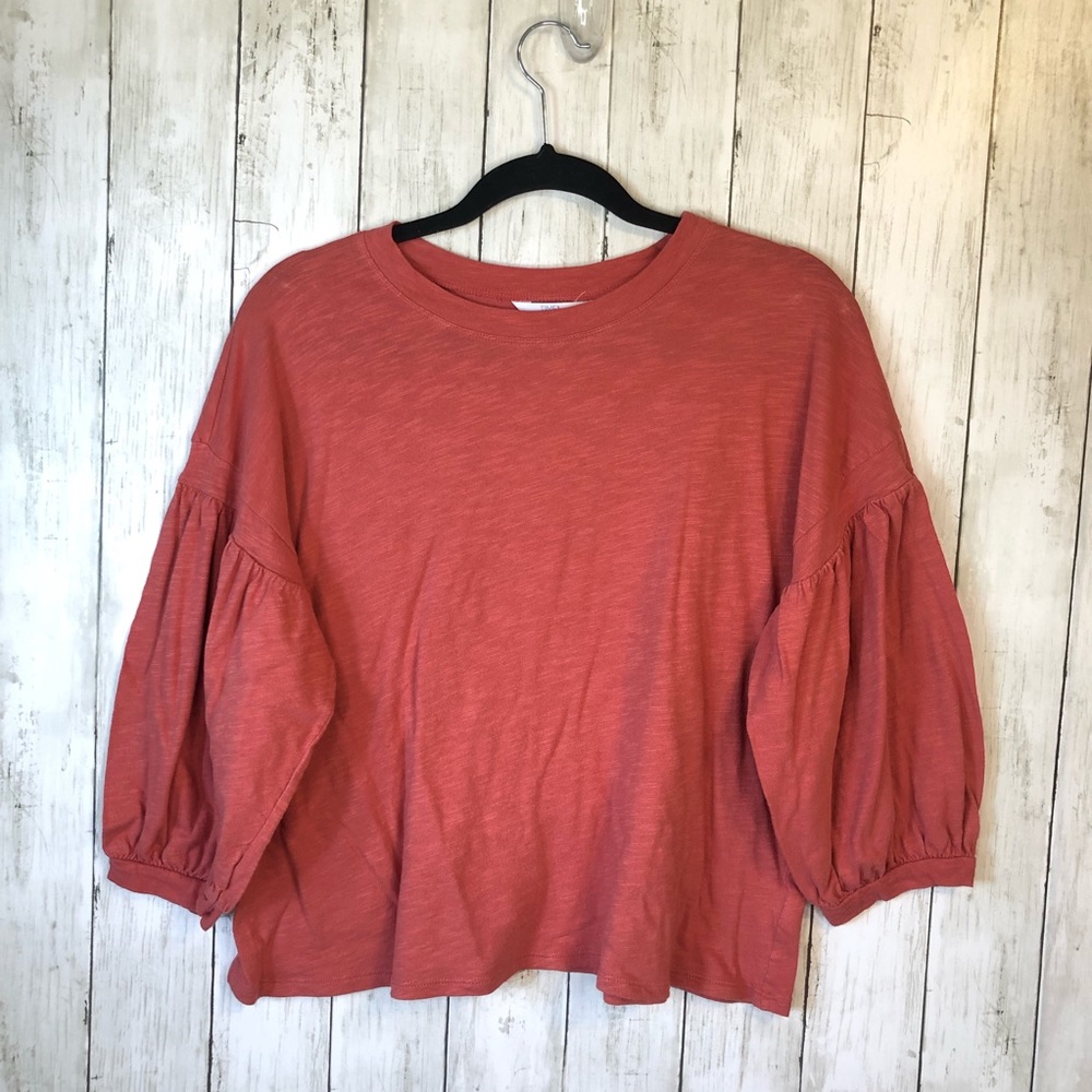 Time & Tru Balloon Long Sleeve Box Shirt Red Small Crew Neck Crop Oversized